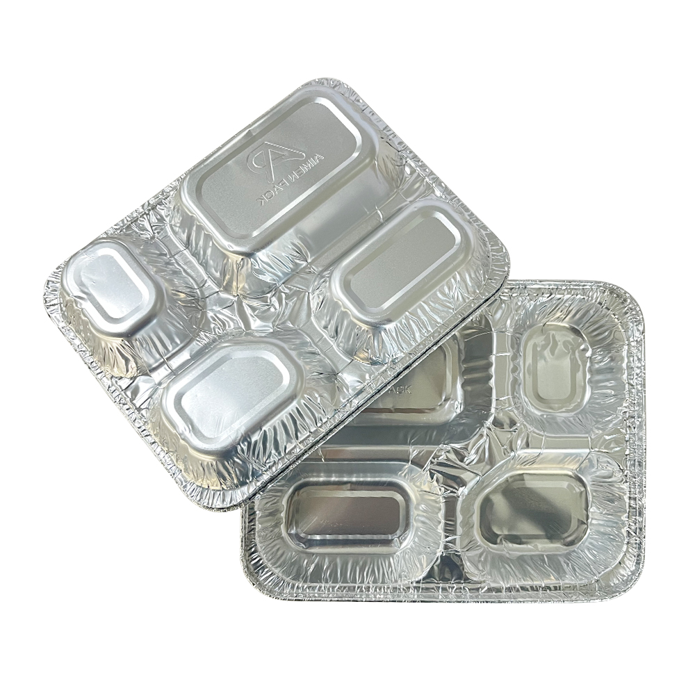 Disposable 4 Compartment Aluminum Foil Container Takeaway Food Tray With Lids